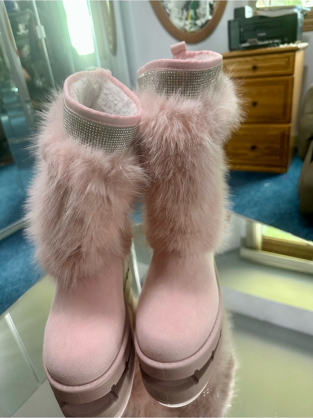 Pink Faux Fur Women's Ankle Boots